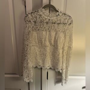 Bardot White Lace Long Bell Sleeve High Neck Blouse